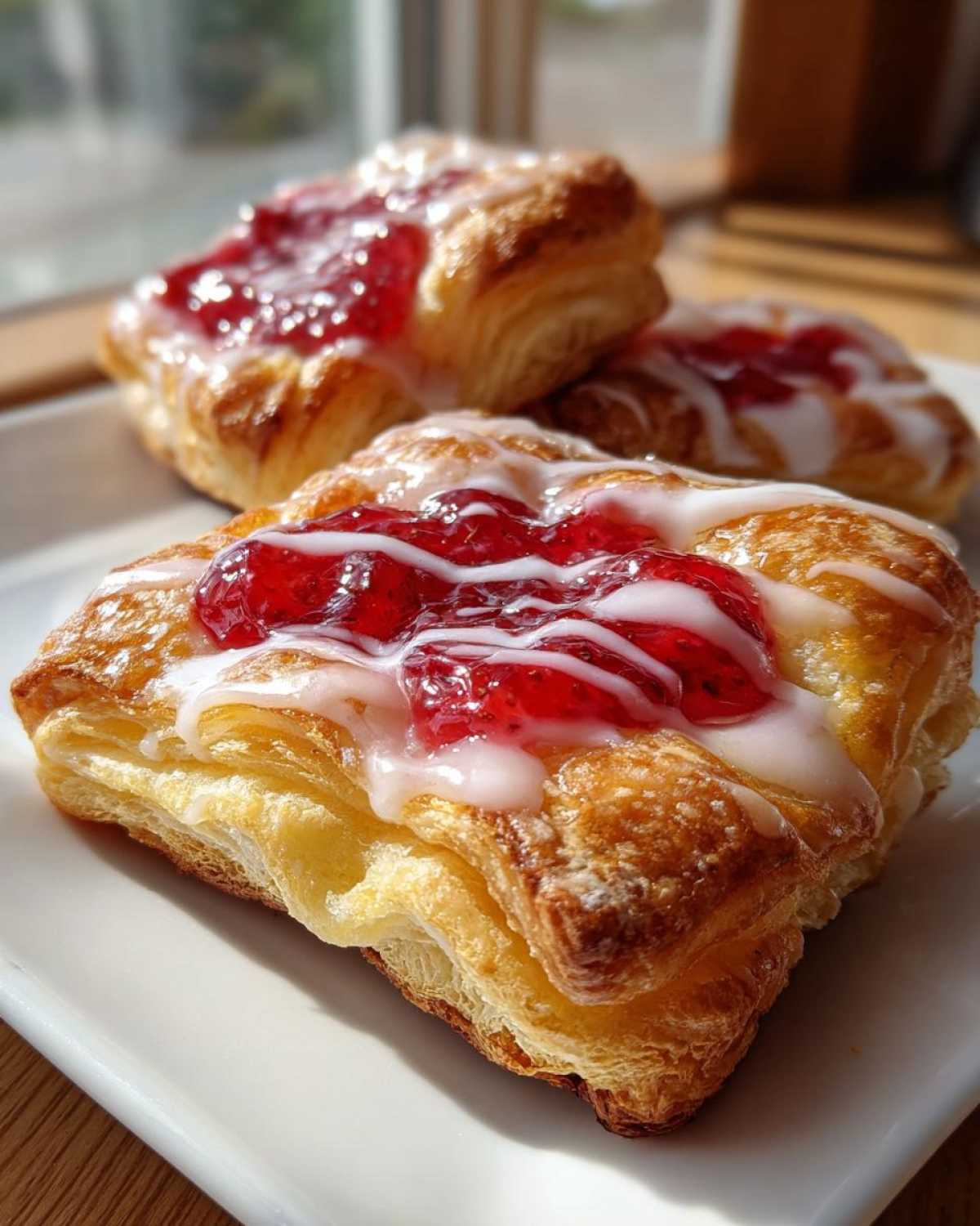 Close-up of flaky Gluten-Free Strawberry Cream Cheese Danishes topped with strawberry filling and white icing.