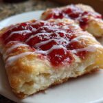 Close-up of a flaky Gluten-Free Strawberry Cream Cheese Danish topped with bright red jam and white icing.
