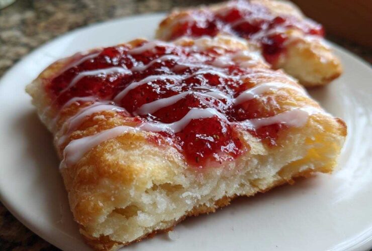 Close-up of a flaky Gluten-Free Strawberry Cream Cheese Danish topped with bright red jam and white icing.