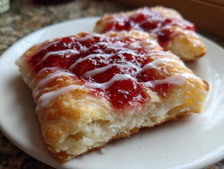 Close-up of a flaky Gluten-Free Strawberry Cream Cheese Danish topped with bright red jam and white icing.
