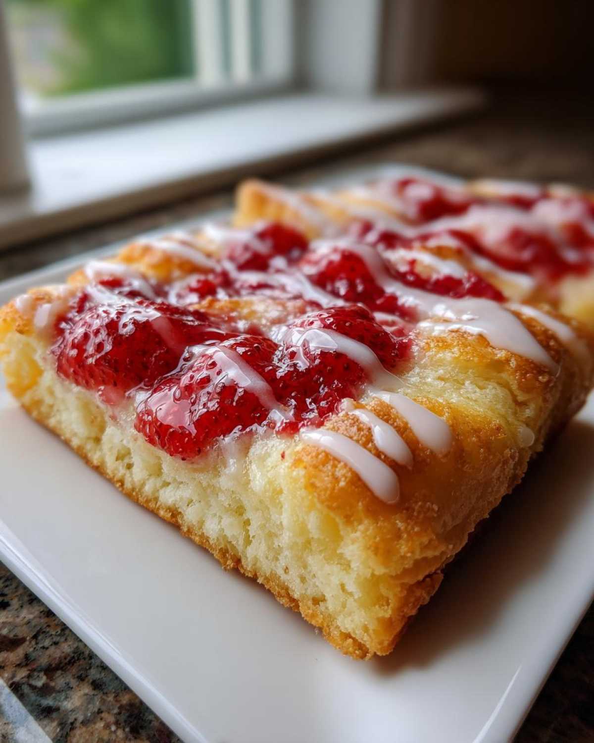 Close-up of a slice of Gluten-Free Strawberry Cream Cheese Danishes topped with glazed strawberries and white icing.