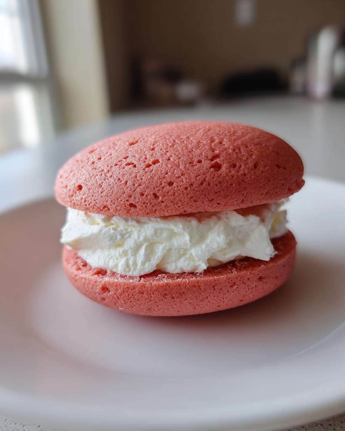 A single, bright pink Gluten-Free Strawberry Lemon Whoopie Pie filled with thick white cream, resting on a white plate.
