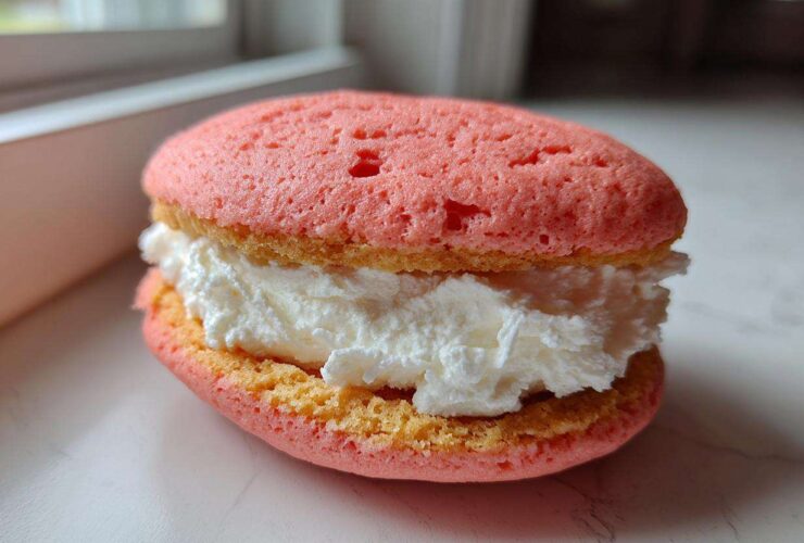 Close-up of a single Gluten-Free Strawberry Lemon Whoopie Pie with pink cakes and thick white cream filling.