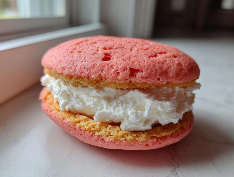 Close-up of a single Gluten-Free Strawberry Lemon Whoopie Pie with pink cakes and thick white cream filling.