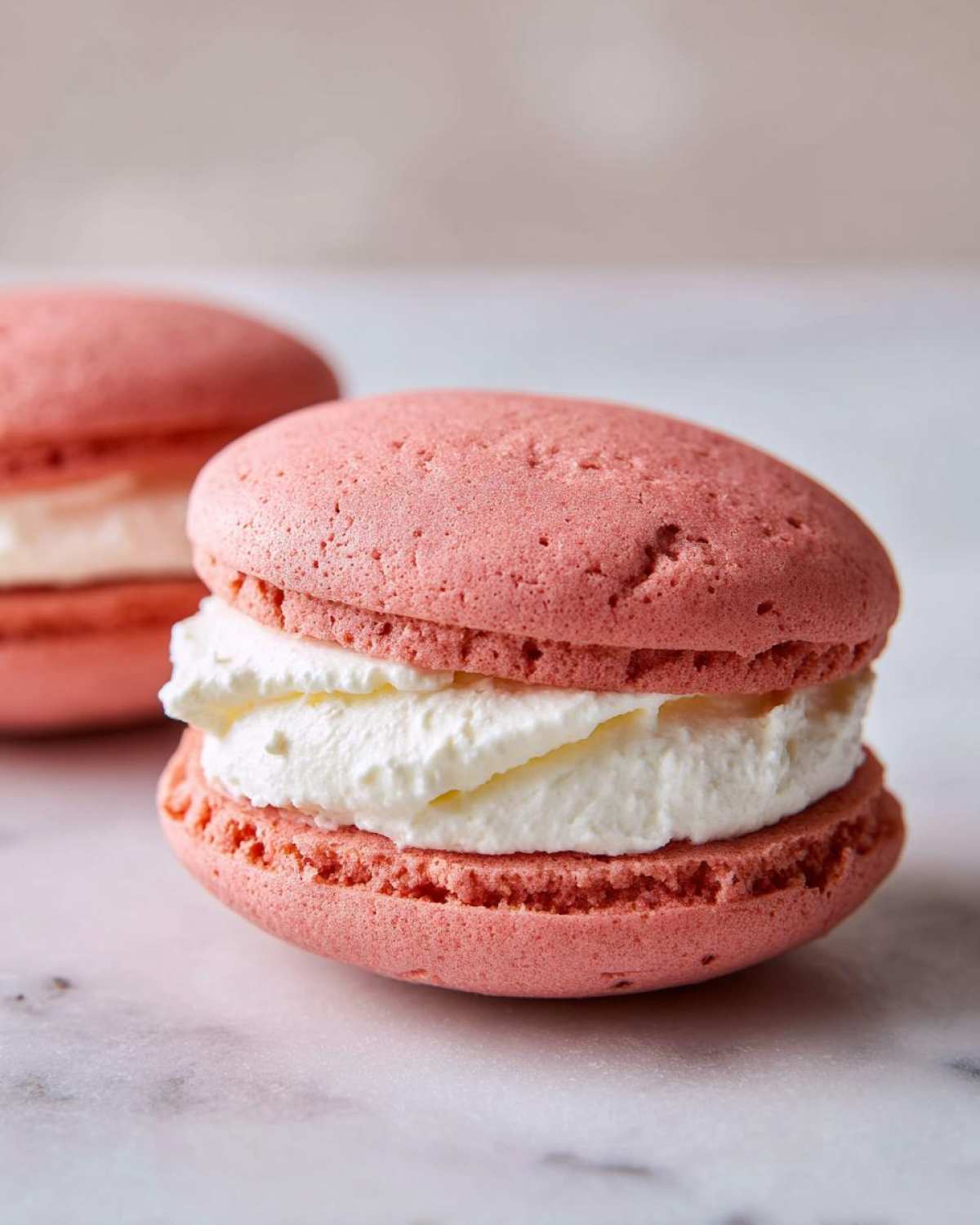 A close-up of a pink Gluten-Free Strawberry Lemon Whoopie Pie filled with thick white cream frosting.