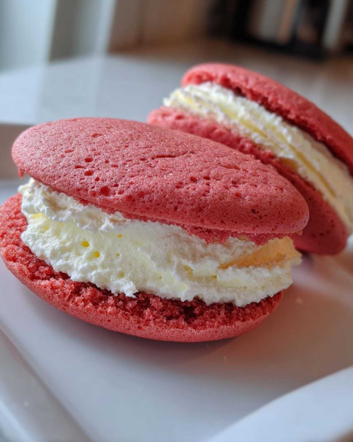 Two bright pink Gluten-Free Strawberry Lemon Whoopie Pies filled with thick white and yellow cream filling.