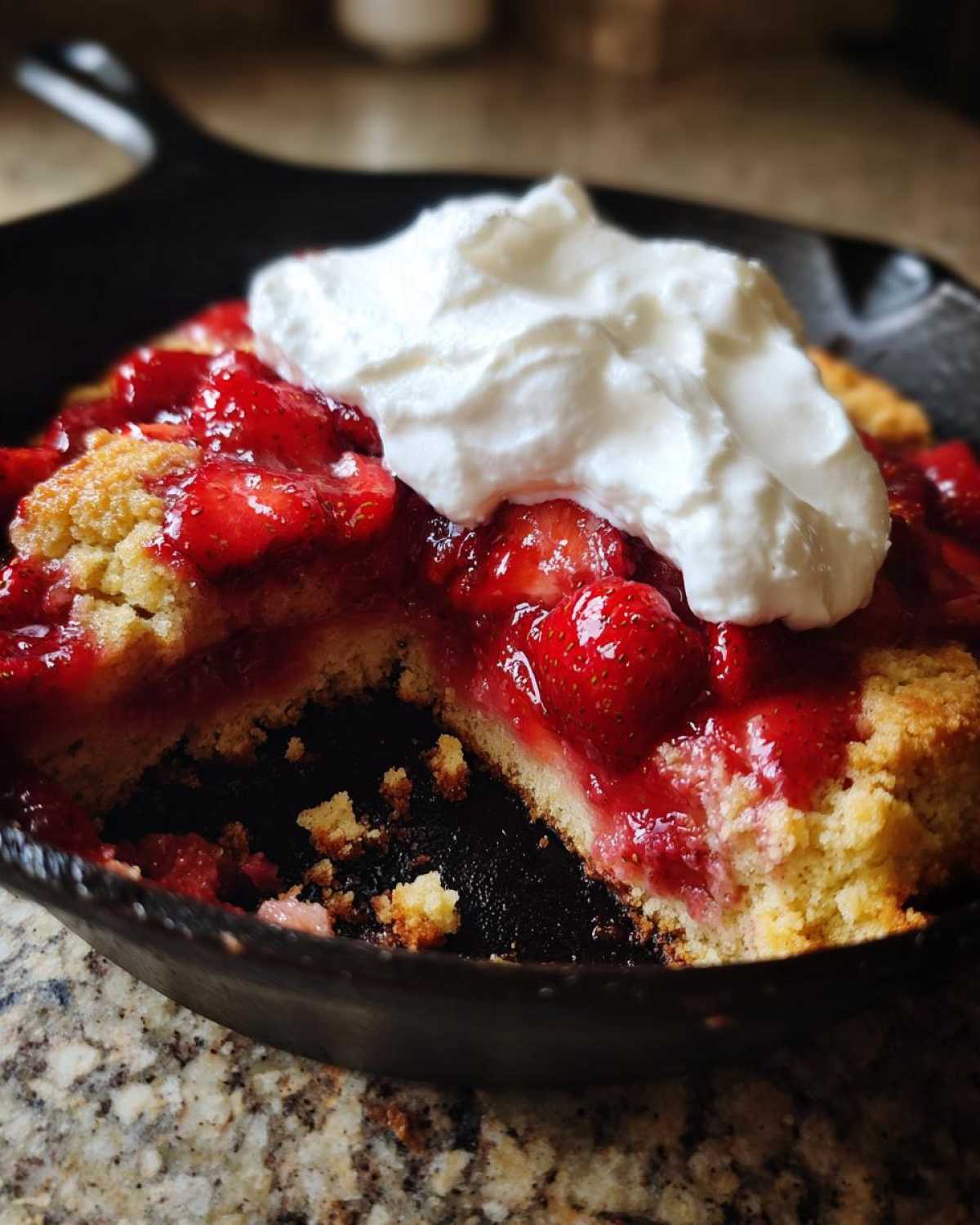 A serving removed from the Gluten-Free Strawberry Shortcake Skillet, topped with fresh strawberries and whipped cream in a cast iron pan.
