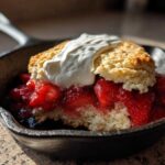 A serving of Gluten-Free Strawberry Shortcake Skillet with whipped cream in a small cast iron pan.