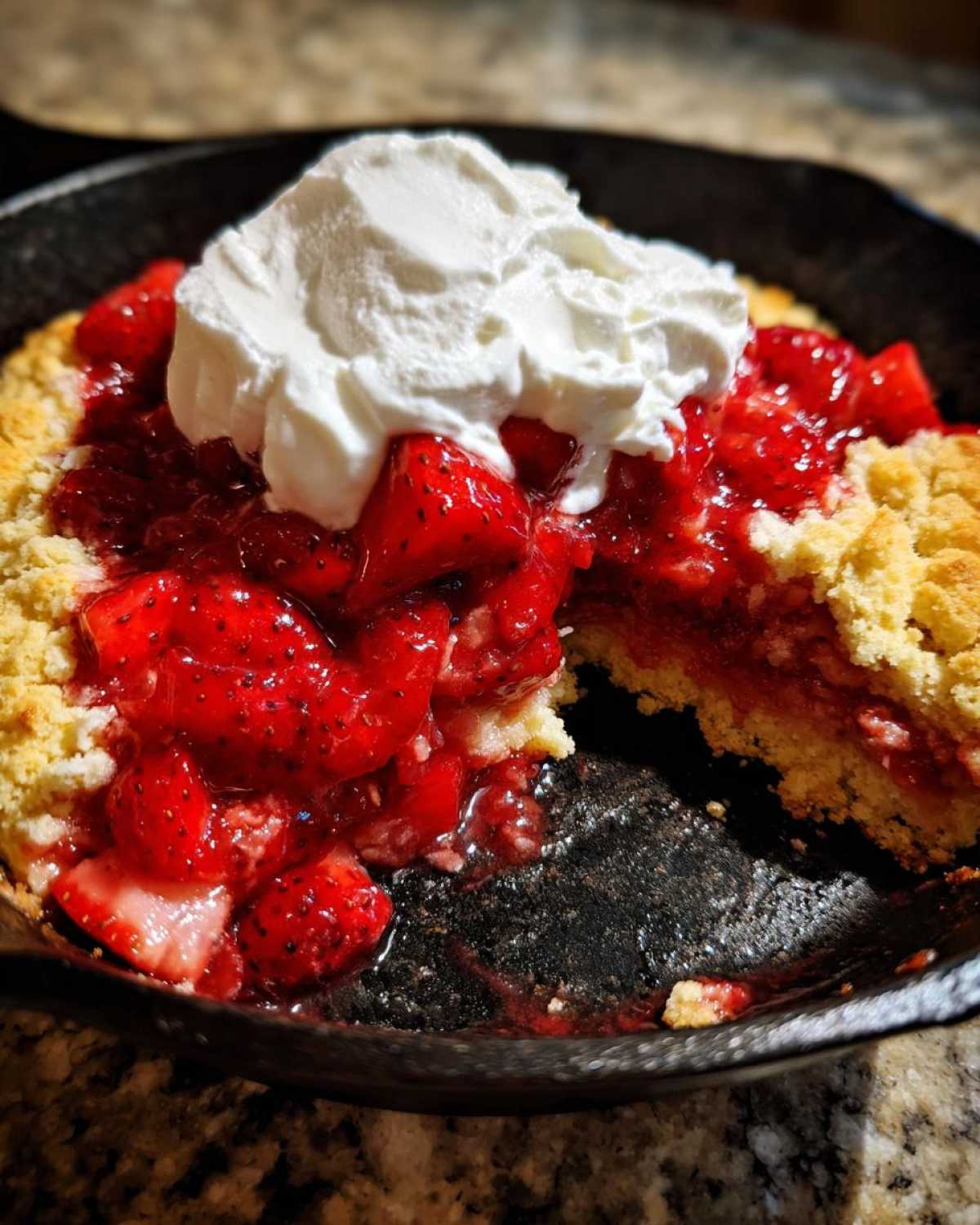 Close-up of a portion of Gluten-Free Strawberry Shortcake Skillet topped with macerated strawberries and whipped cream in a cast iron pan.