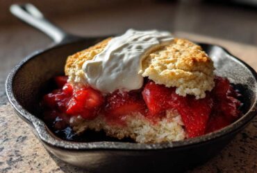 A serving of Gluten-Free Strawberry Shortcake Skillet with whipped cream in a small cast iron pan.