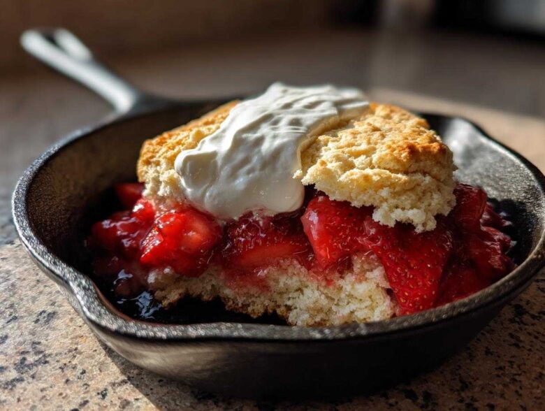 A serving of Gluten-Free Strawberry Shortcake Skillet with whipped cream in a small cast iron pan.