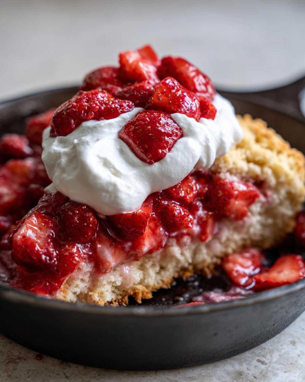A generous slice of Gluten-Free Strawberry Shortcake Skillet topped with macerated strawberries and whipped cream in a cast iron pan.