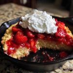 A slice of warm Gluten-Free Strawberry Shortcake Skillet topped with macerated strawberries and a dollop of whipped cream in a cast iron pan.