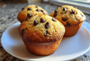 Three freshly baked, golden-brown chocolate chip muffins resting on a white plate.