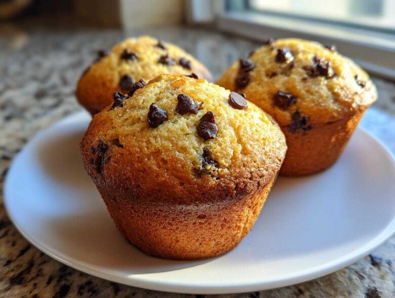 Three freshly baked, golden-brown chocolate chip muffins resting on a white plate.