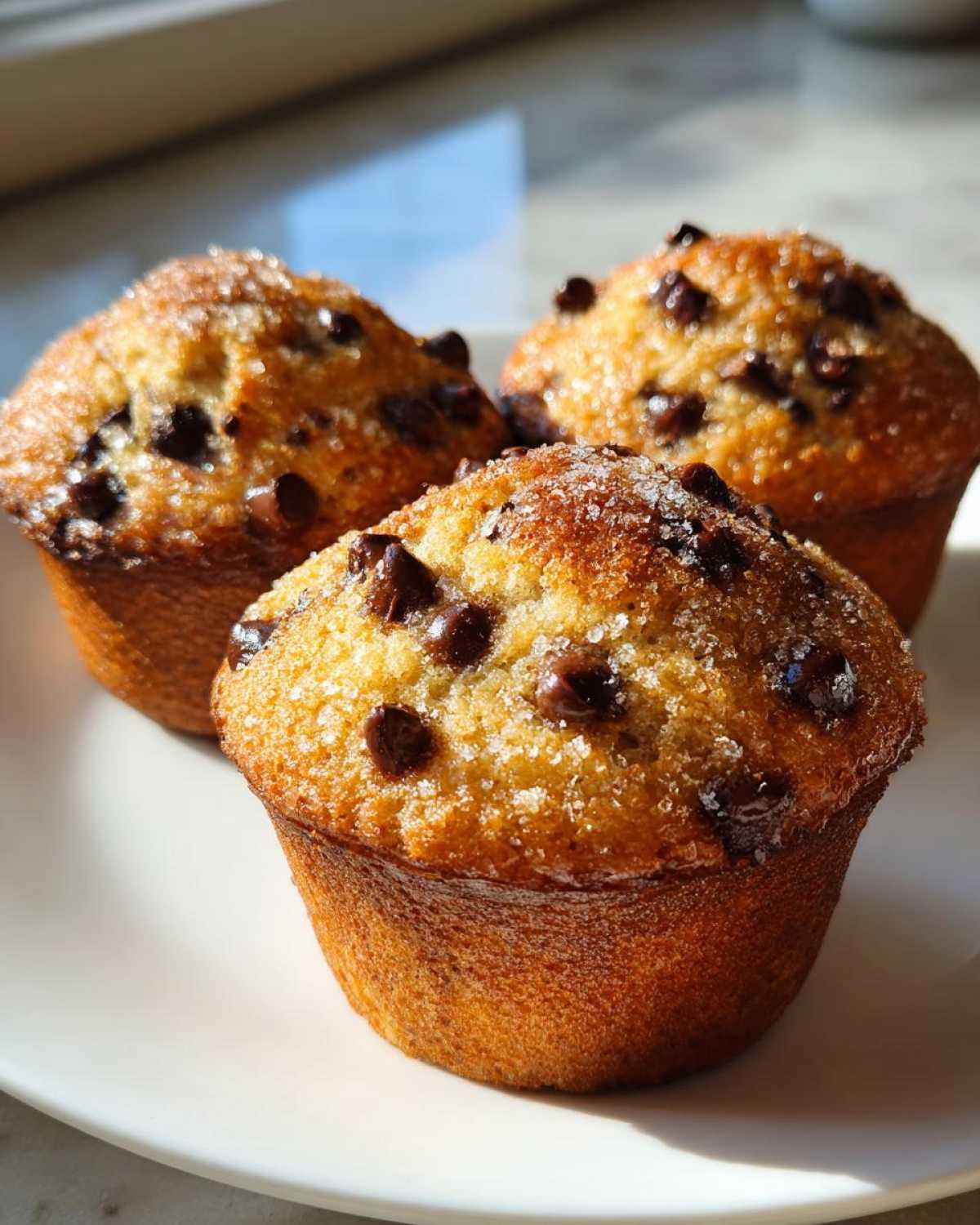 Three perfectly baked chocolate chip muffins topped with coarse sugar crystals, sitting on a white plate.
