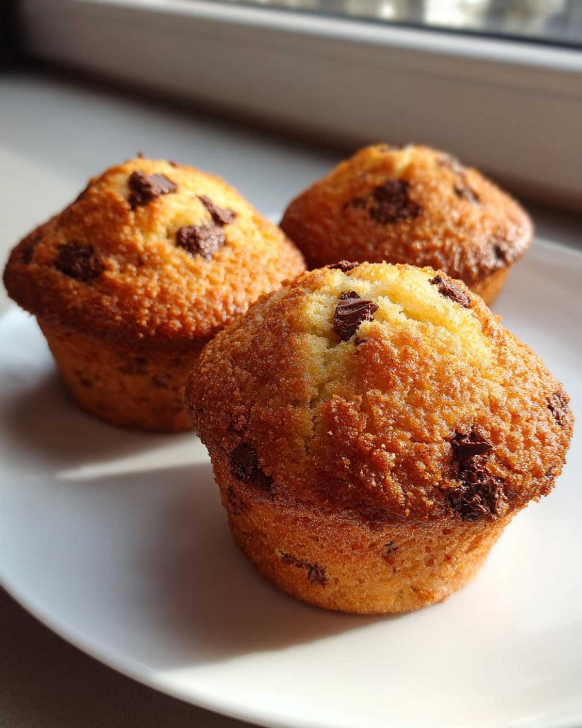 Three freshly baked, golden brown chocolate chip muffins sitting on a white plate, illuminated by sunlight.
