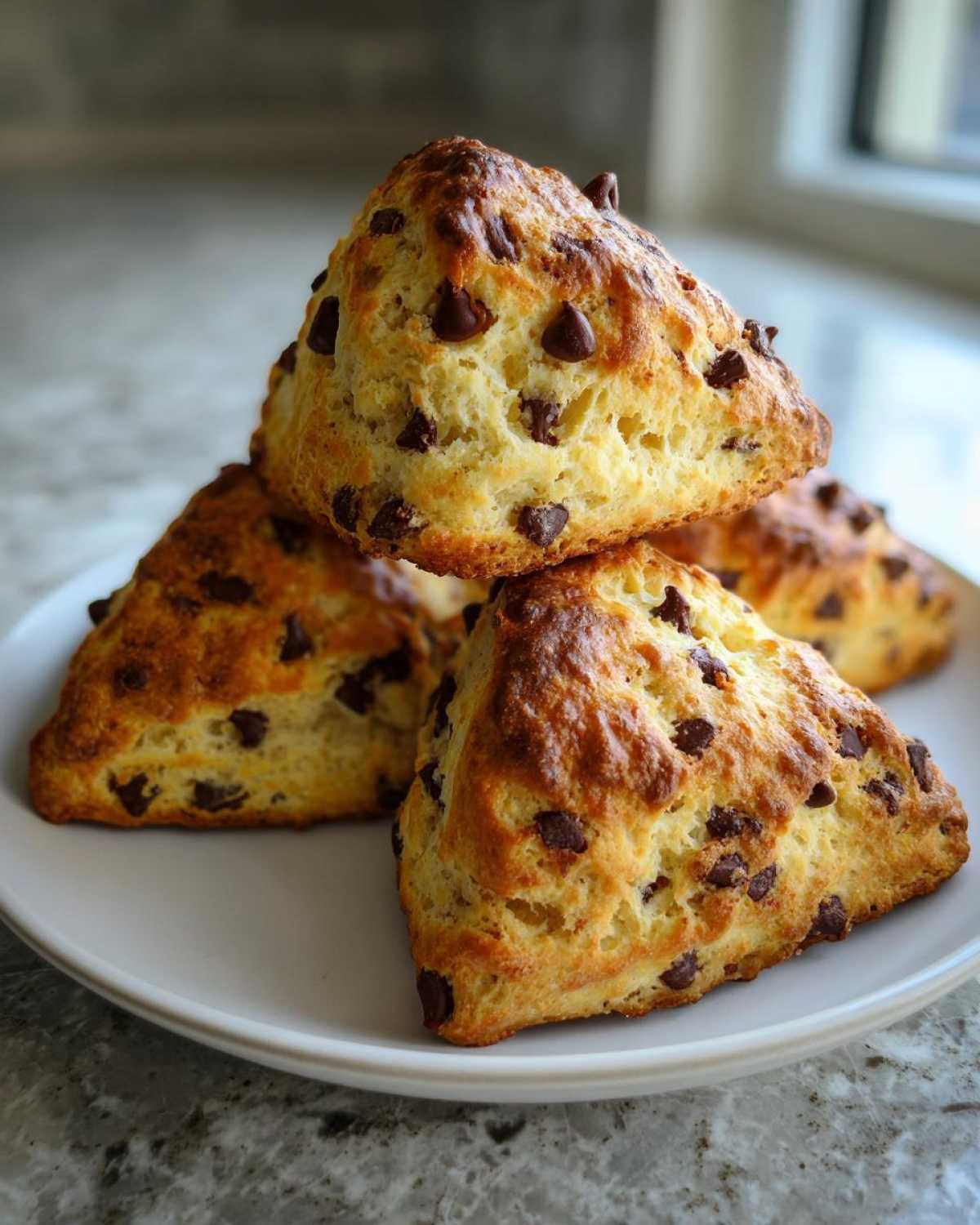 A stack of four freshly baked, golden brown chocolate chip scones on a white plate.