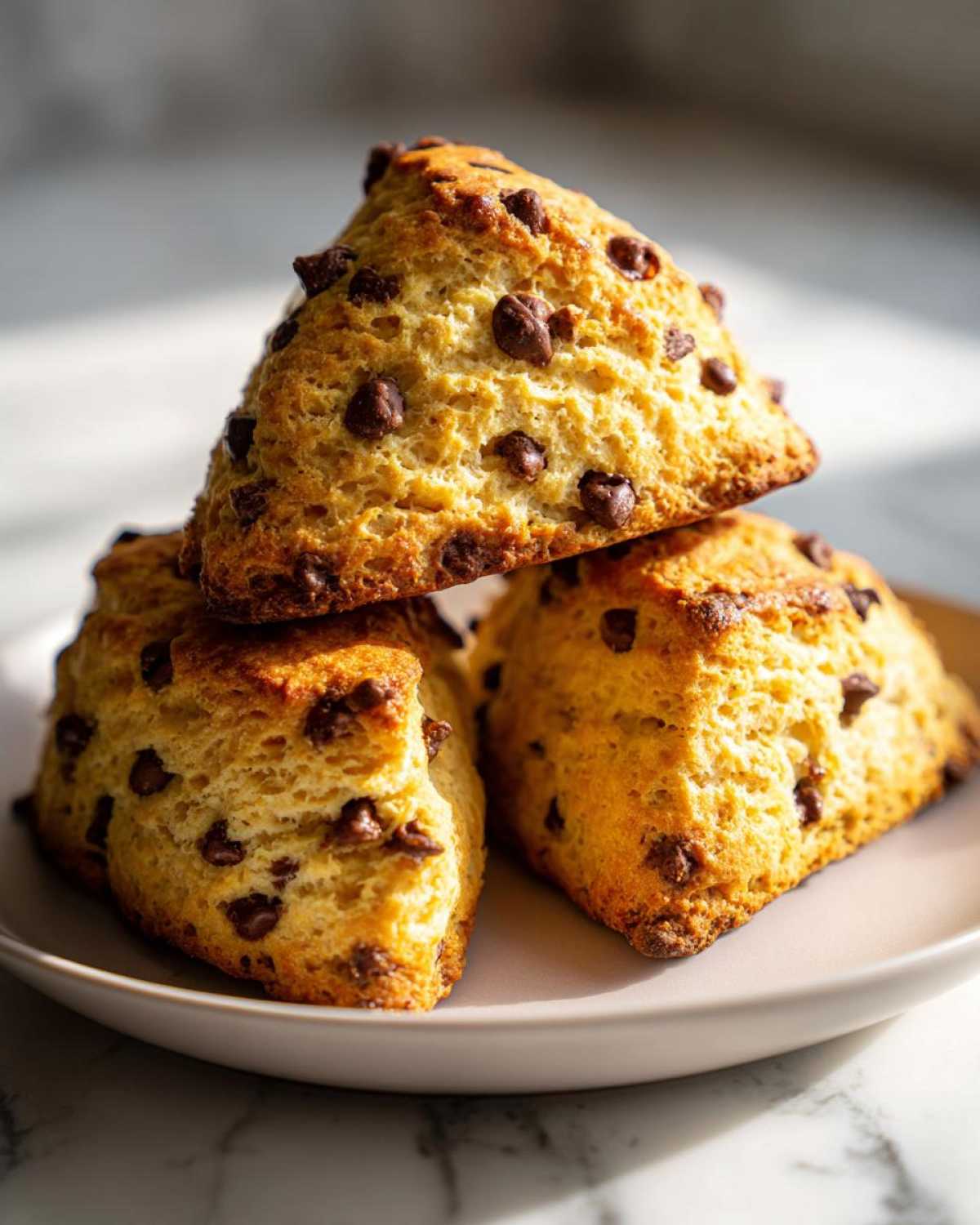 Three freshly baked, golden brown chocolate chip scones stacked on a light plate.