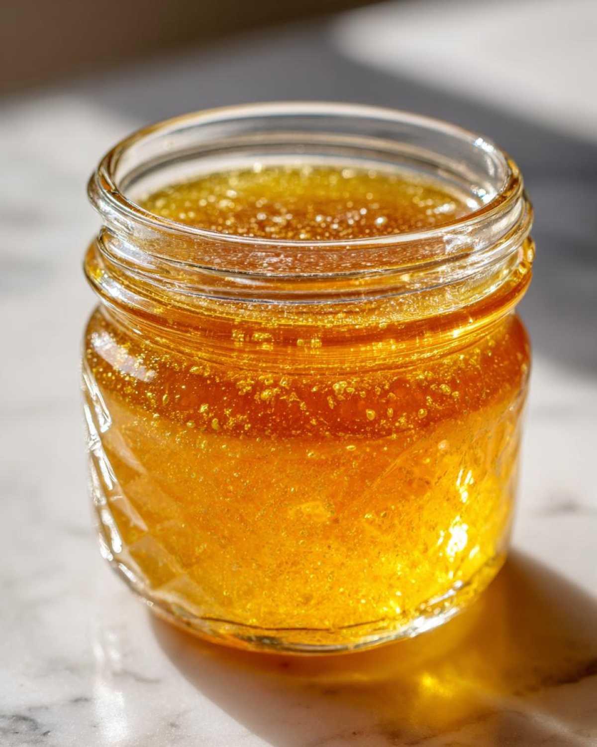 Close-up of golden, slightly textured Copycat Apple Cider Vinaigrette stored in a small, clear glass jar.