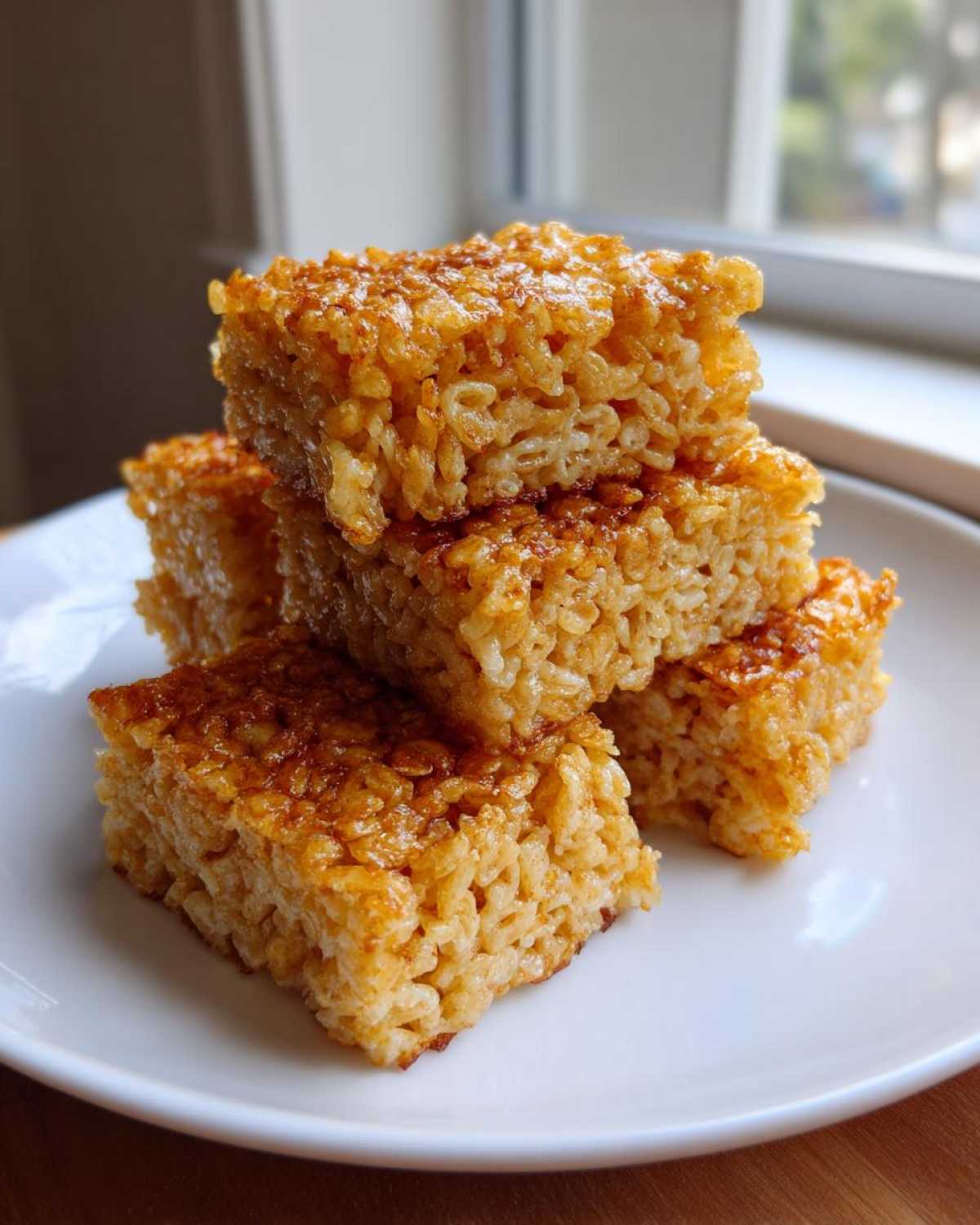 A stack of four golden brown, chewy, and slightly caramelized crispy rice treats on a white plate.
