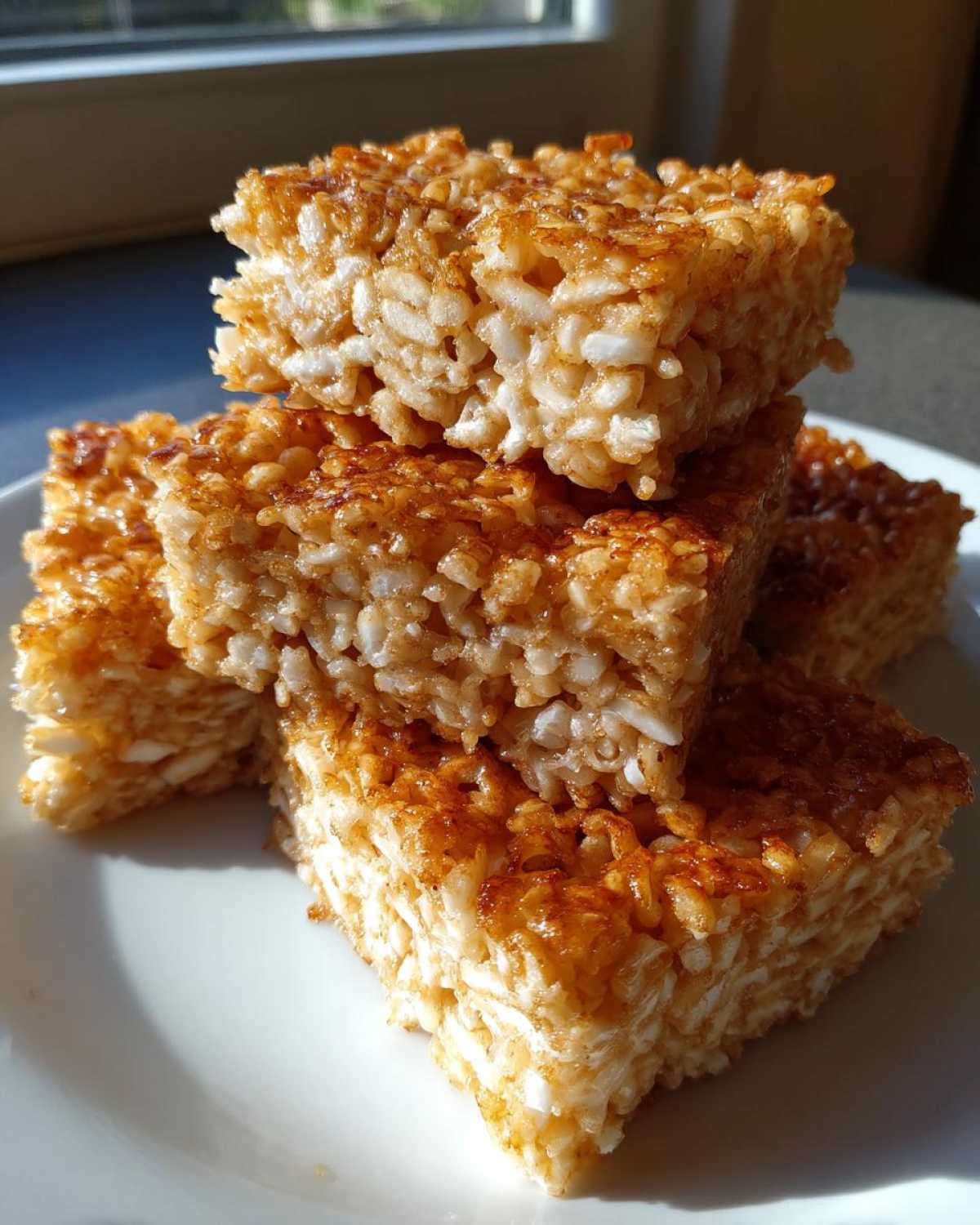 A stack of golden brown, chewy crispy rice treats squares sitting on a white plate.