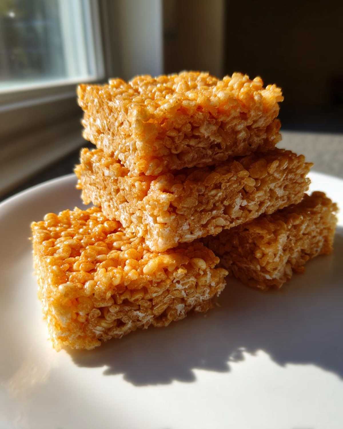 A stack of four golden, chewy crispy rice treats sitting on a white plate, highlighted by sunlight.