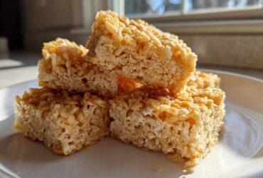 A close-up stack of golden brown, chewy crispy rice treats glistening in the sunlight on a white plate.