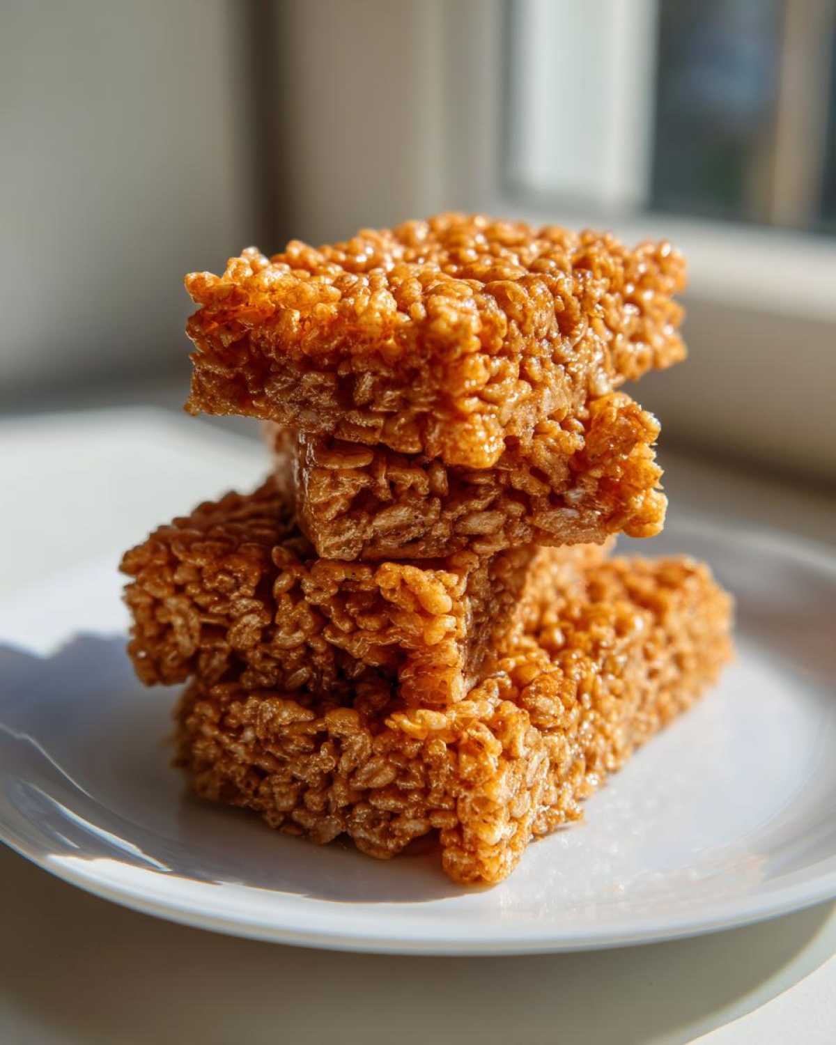 Three golden brown, sticky crispy rice treats stacked on a white plate, catching the sunlight.