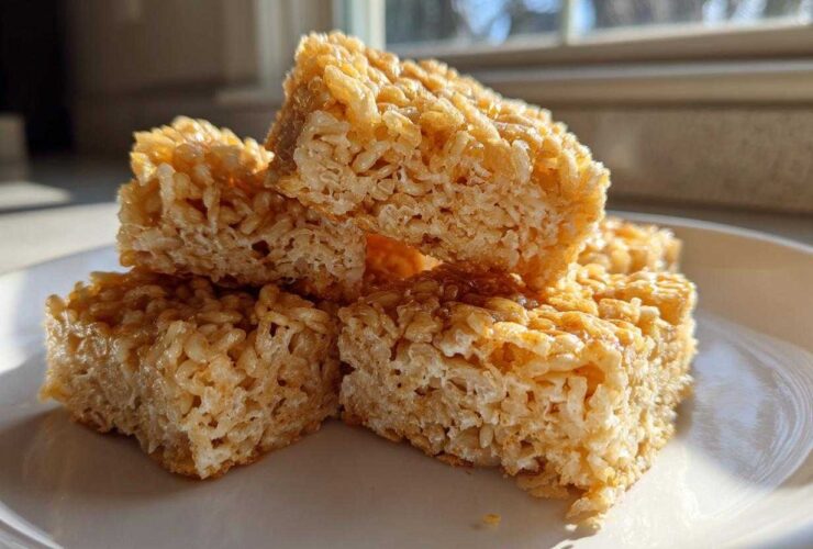 A close-up stack of golden brown, chewy crispy rice treats glistening in the sunlight on a white plate.