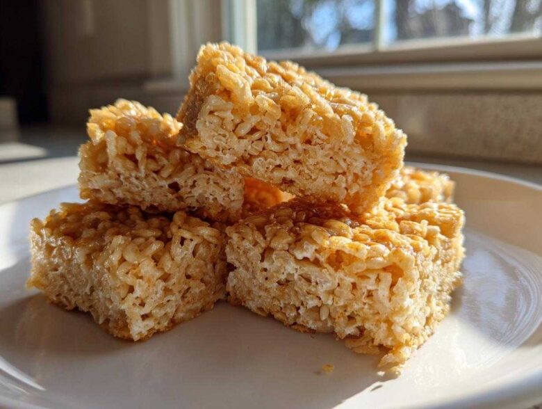 A close-up stack of golden brown, chewy crispy rice treats glistening in the sunlight on a white plate.