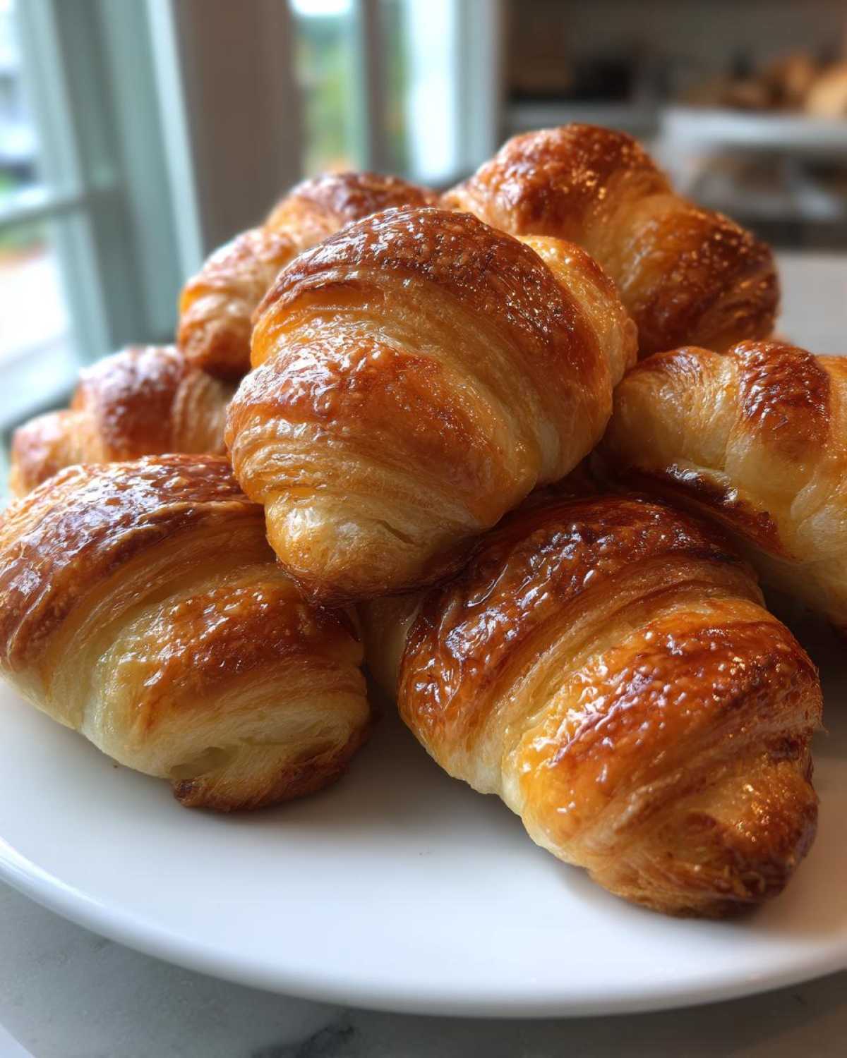 A close-up stack of shiny, golden-brown croissants, likely used for making pigs in a blanket.