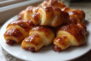 A close-up of several shiny, golden-brown pigs in a blanket appetizers stacked on a white plate.