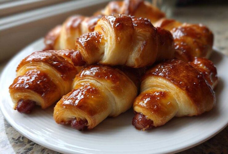 A close-up of several shiny, golden-brown pigs in a blanket appetizers stacked on a white plate.
