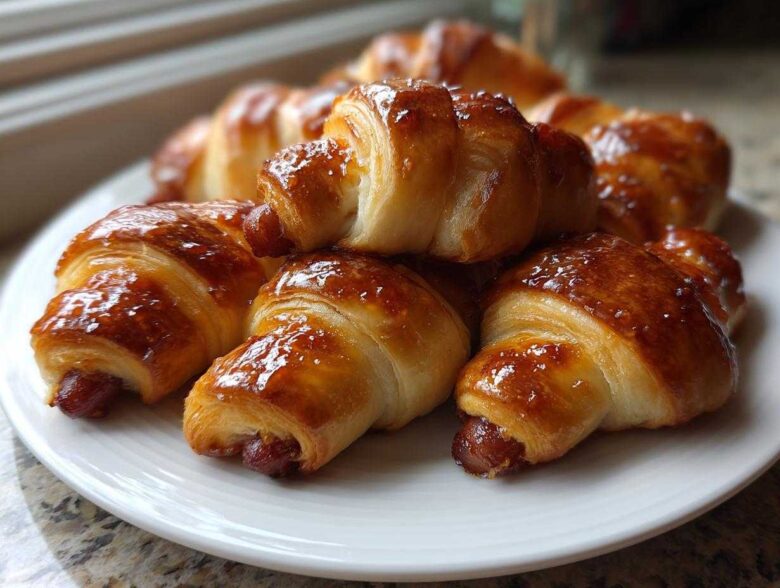 A close-up of several shiny, golden-brown pigs in a blanket appetizers stacked on a white plate.
