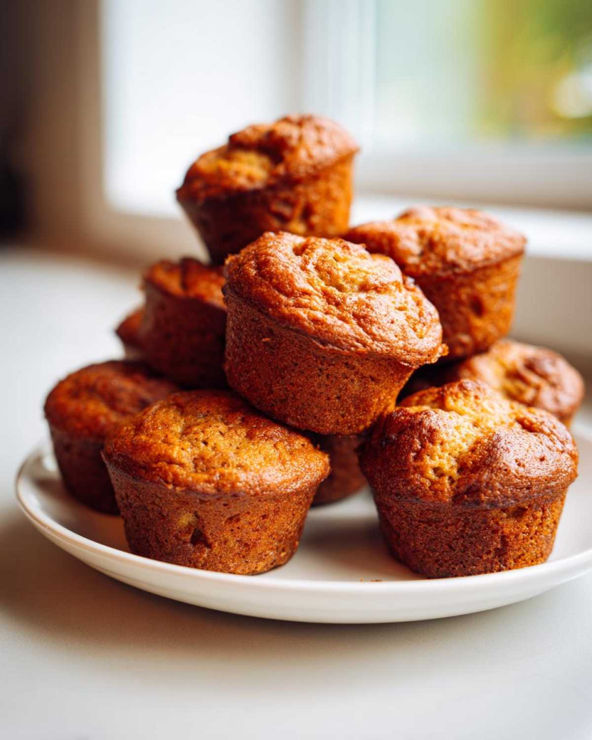 A stack of freshly baked, golden brown mini banana muffins piled high on a white plate.