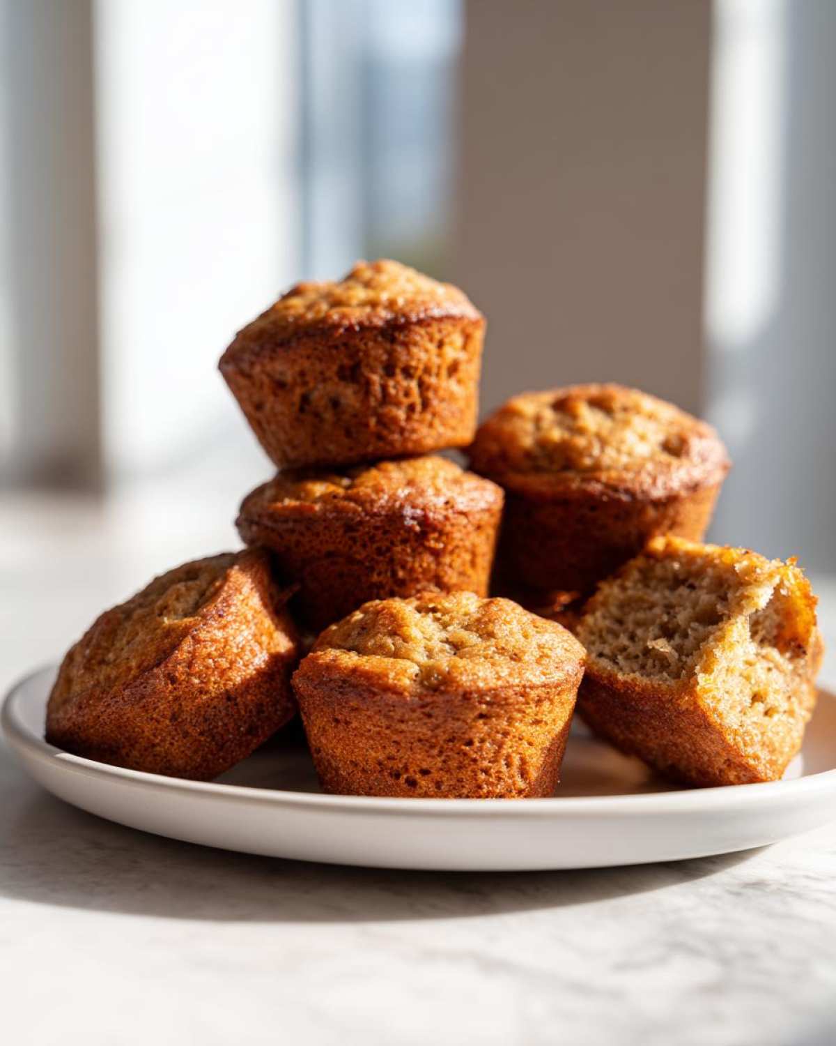 A stack of golden brown mini banana muffins on a white plate, with one muffin broken open showing the moist interior.