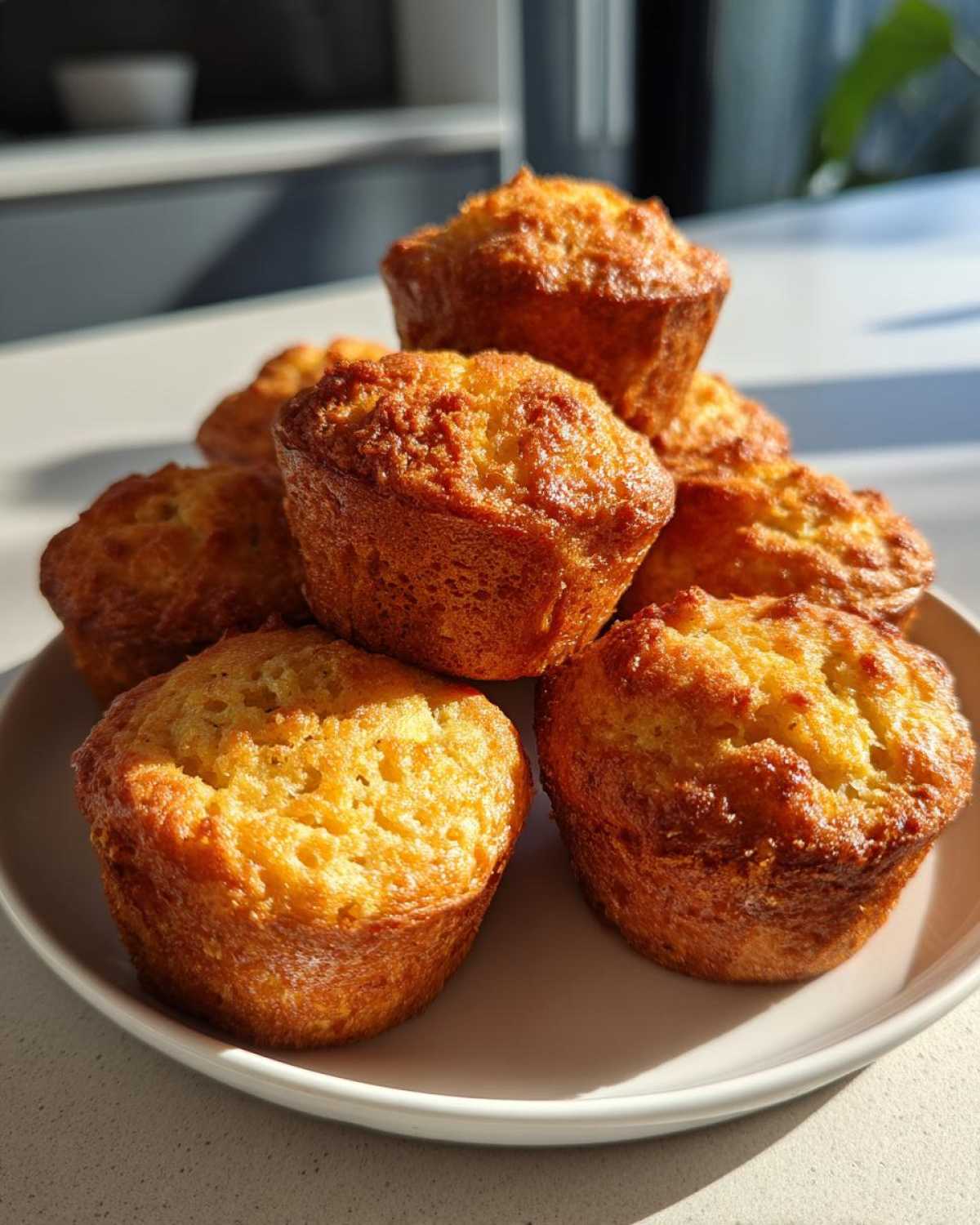 A stack of freshly baked, golden brown mini banana muffins sitting on a light-colored plate in bright sunlight.