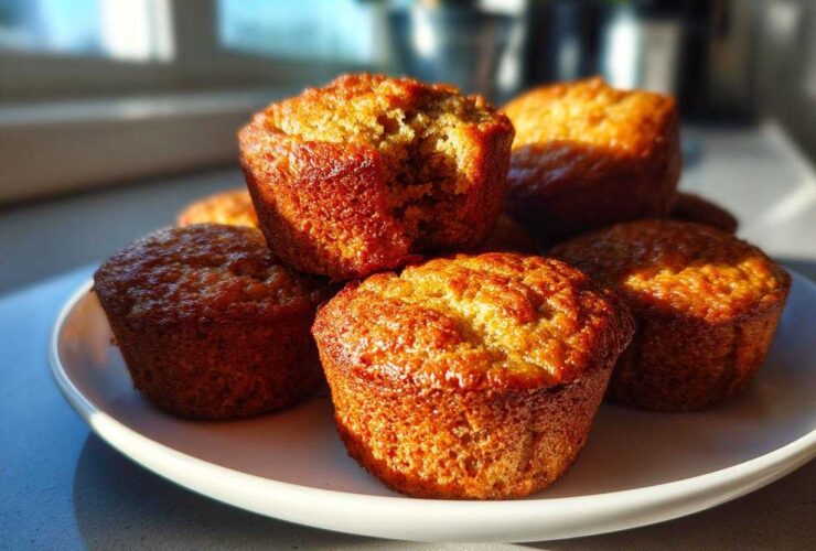 A close-up of several golden brown mini banana muffins stacked on a white plate, one has a bite taken out.