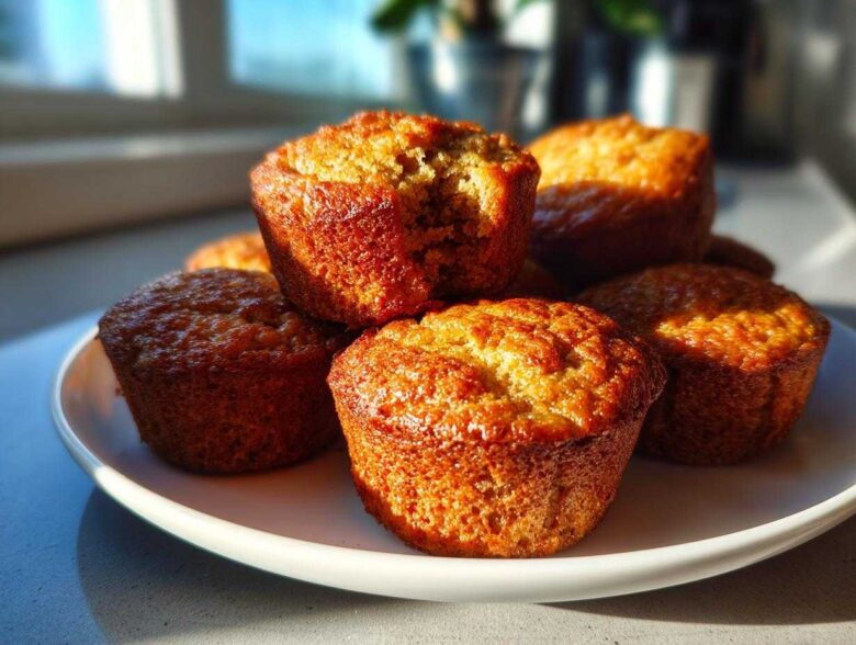 A close-up of several golden brown mini banana muffins stacked on a white plate, one has a bite taken out.