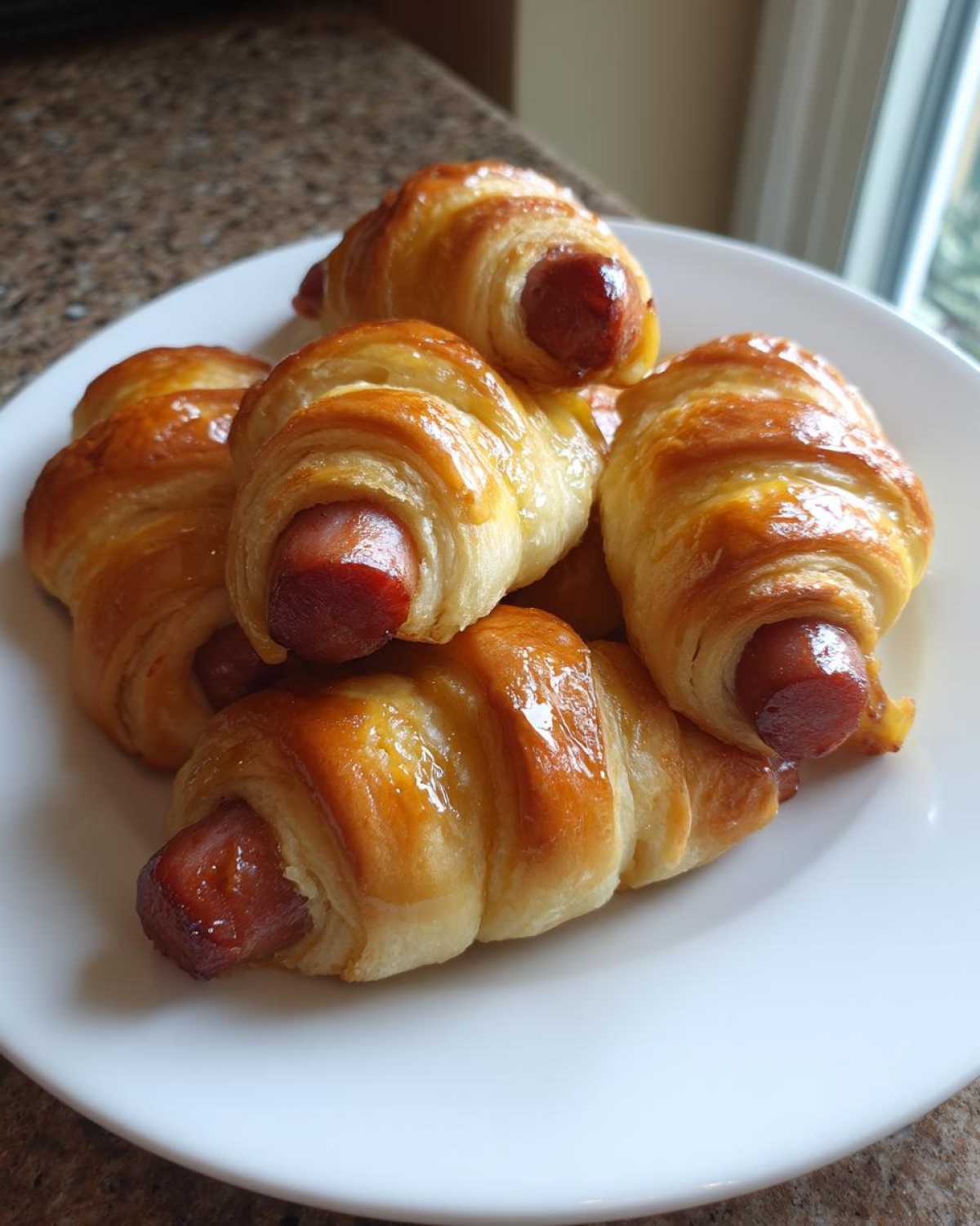 A pile of freshly baked, golden brown pigs in a blanket wrapped in flaky pastry on a white plate.
