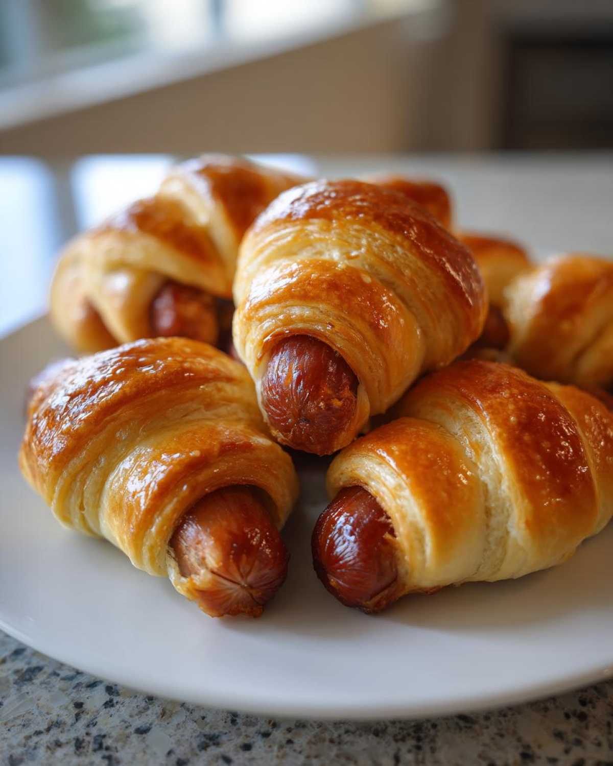 Close-up of several shiny, golden brown pigs in a blanket arranged on a white plate.