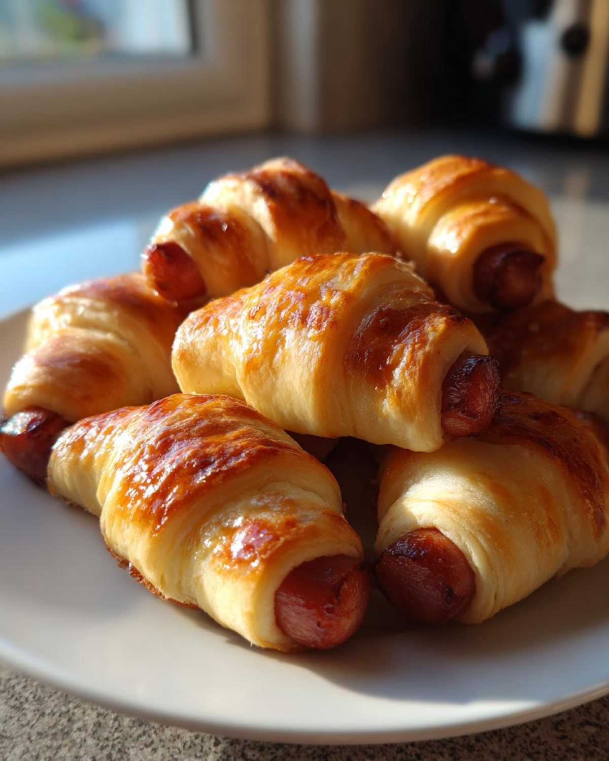 A close-up of several golden brown, freshly baked pigs in a blanket piled on a white plate.