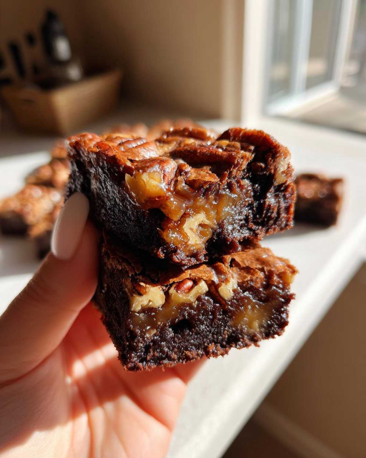 A hand holds two stacked, gooey pecan pie brownies, showing the rich chocolate base and pecan caramel topping.