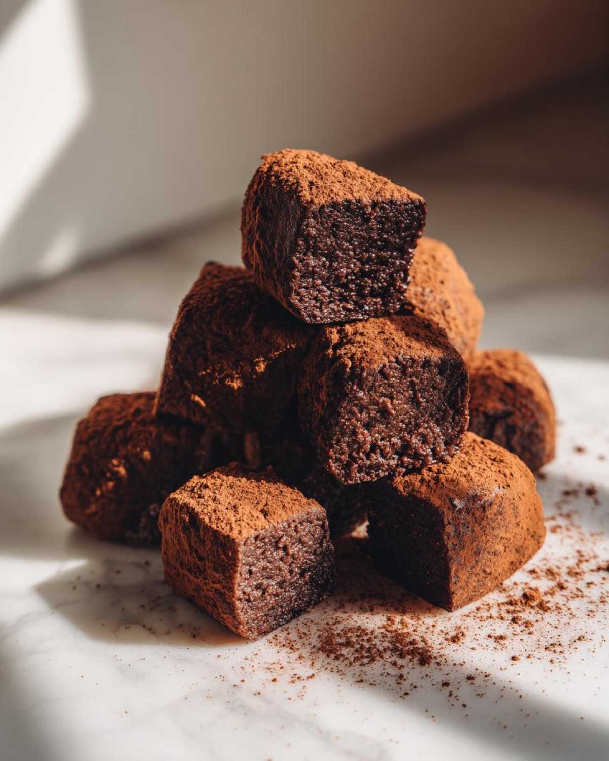 A stack of rich, fudgy Greek Yogurt Chocolate Banana Brownie Bites dusted heavily with cocoa powder.
