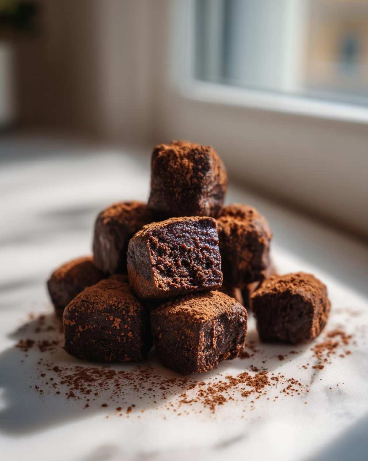 A stack of rich, fudgy Greek Yogurt Chocolate Banana Brownie Bites dusted heavily with cocoa powder.