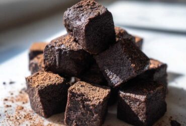 A stack of rich, dark Greek Yogurt Chocolate Banana Brownie Bites dusted with cocoa powder.