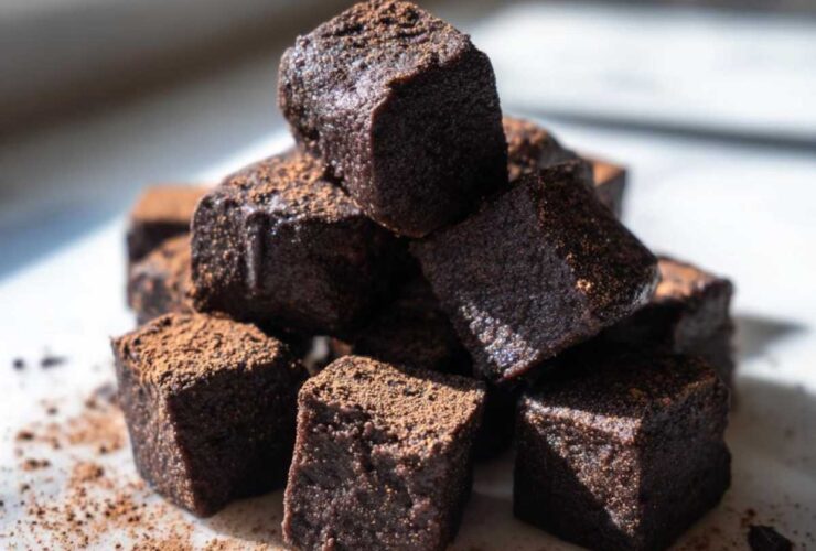 A stack of rich, dark Greek Yogurt Chocolate Banana Brownie Bites dusted with cocoa powder.