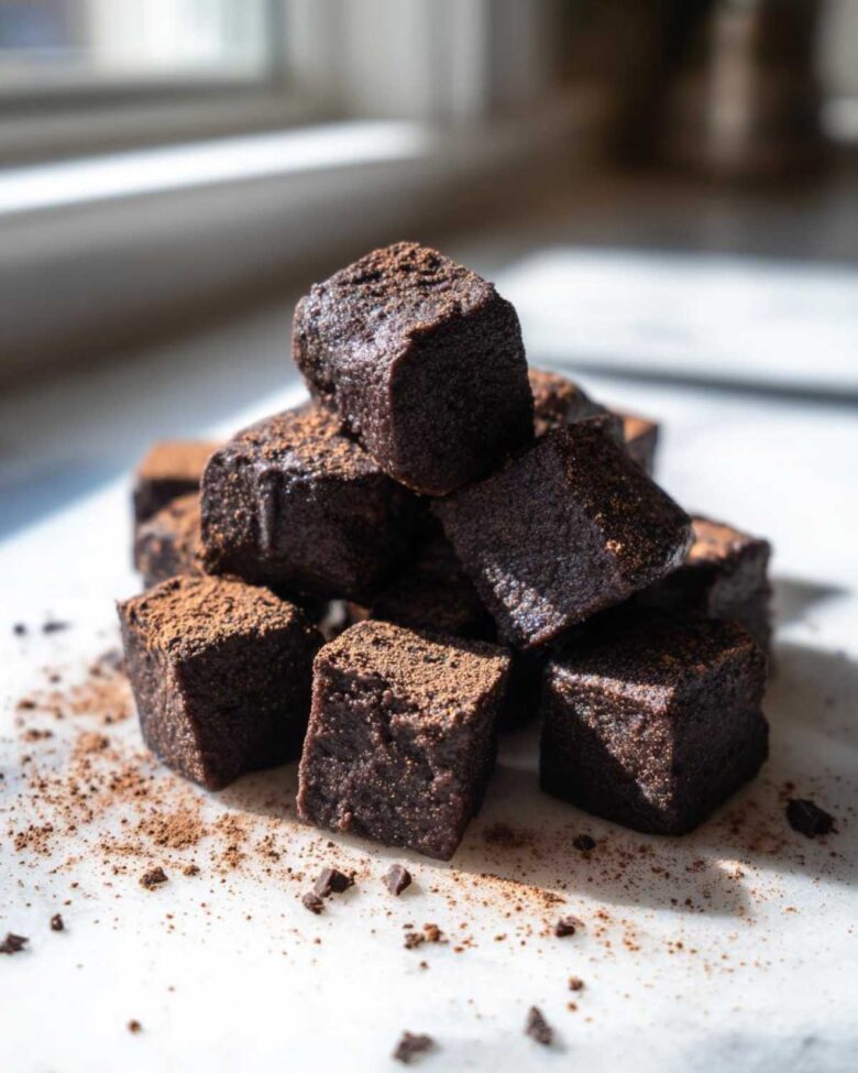 A stack of rich, dark Greek Yogurt Chocolate Banana Brownie Bites dusted with cocoa powder.