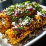 Close-up of grilled corn cobs seasoned and topped with crumbled cheese, cilantro, and red onion, resembling Mexican street corn salad.